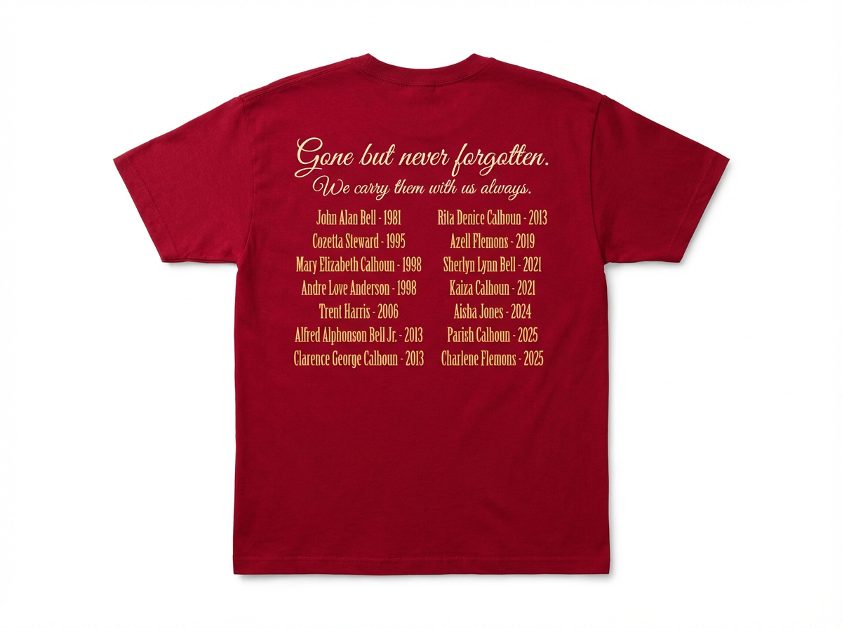 Back of crimson red Steward Family reunion t-shirt with memorial names in gold: Gone but never forgotten