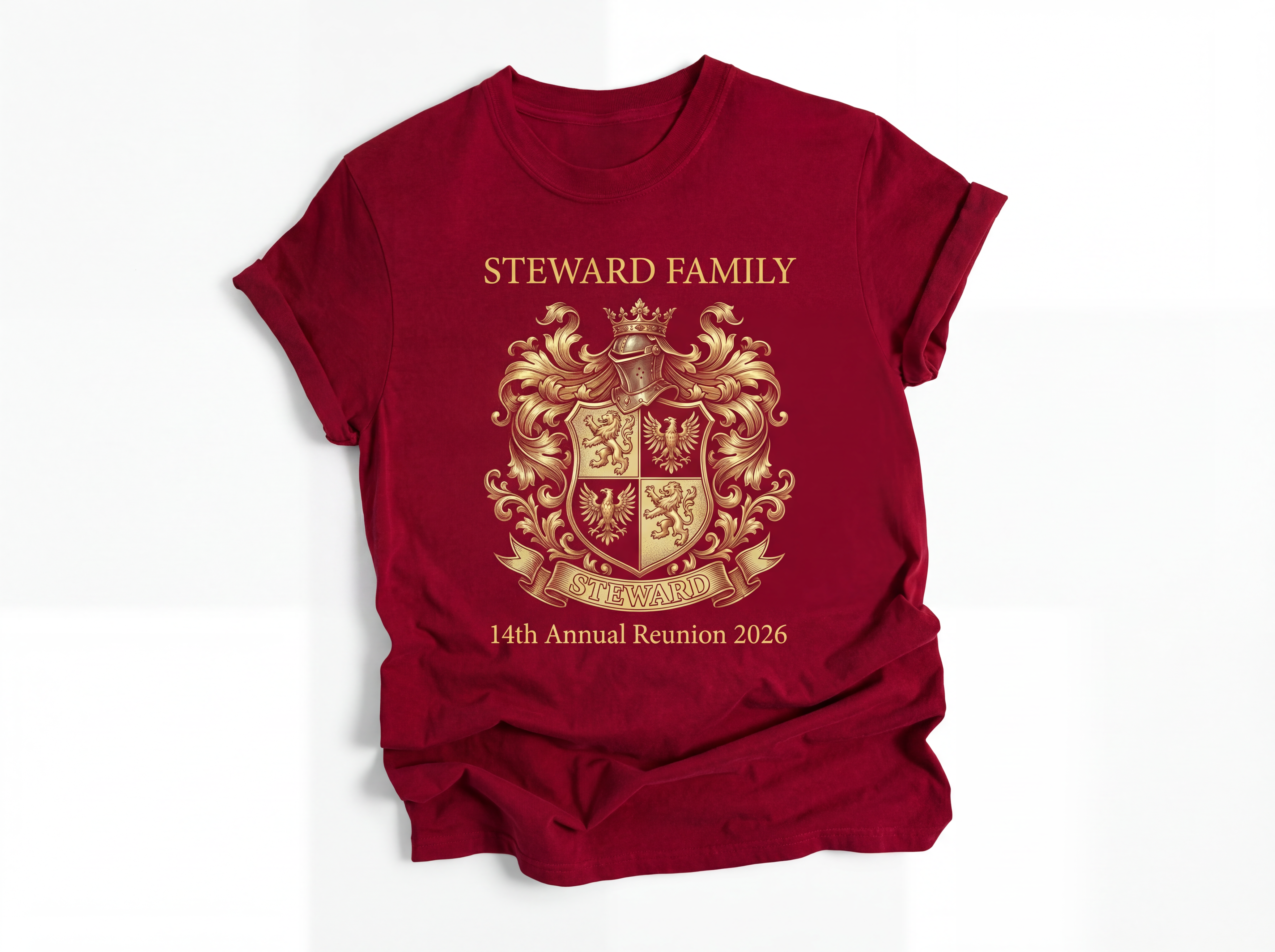 Front of crimson red Steward Family 14th Annual Reunion 2026 t-shirt with gold coat of arms crest